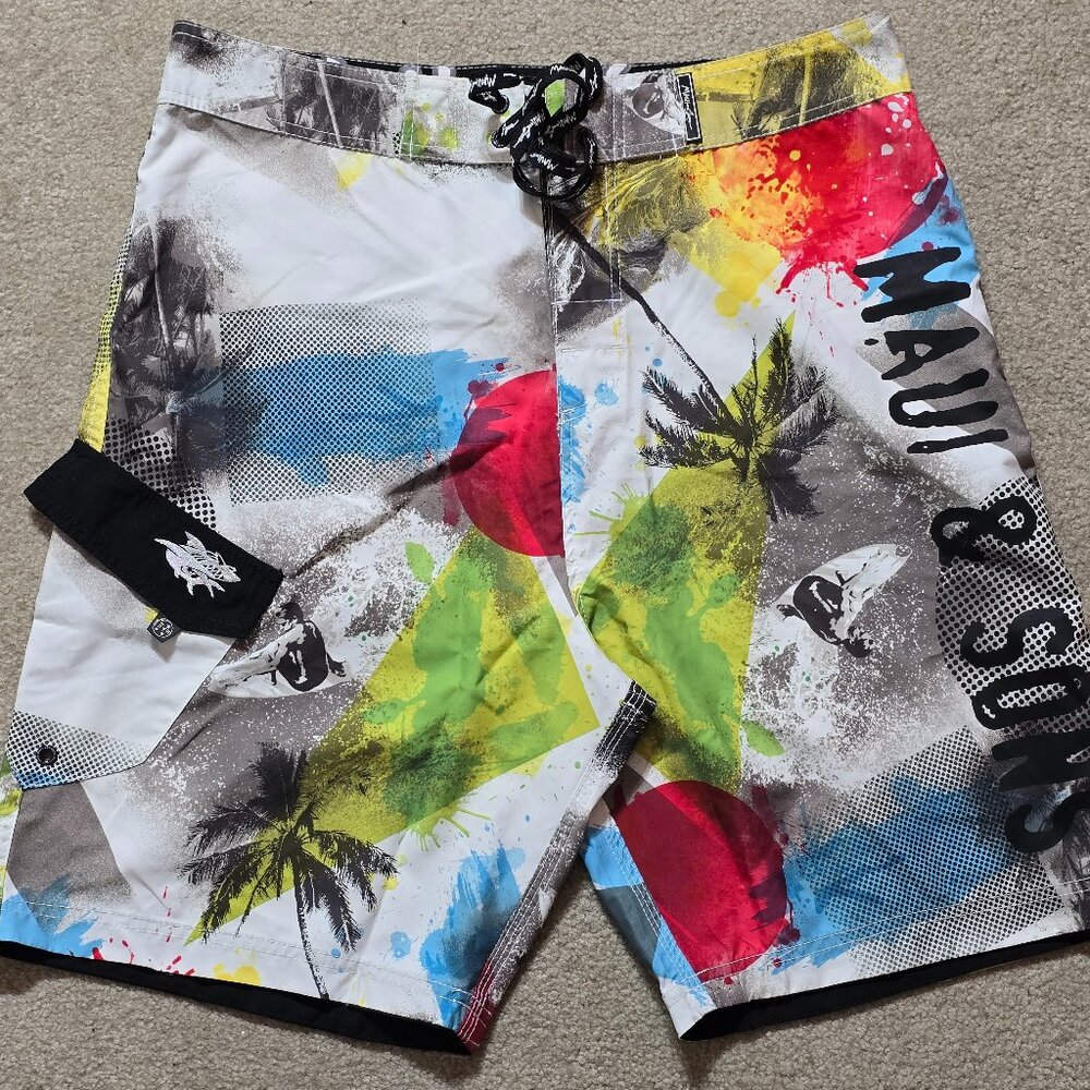 Men's Maui & Sons swim trunks boardshorts 34 NWT white beach ocean surf pocket